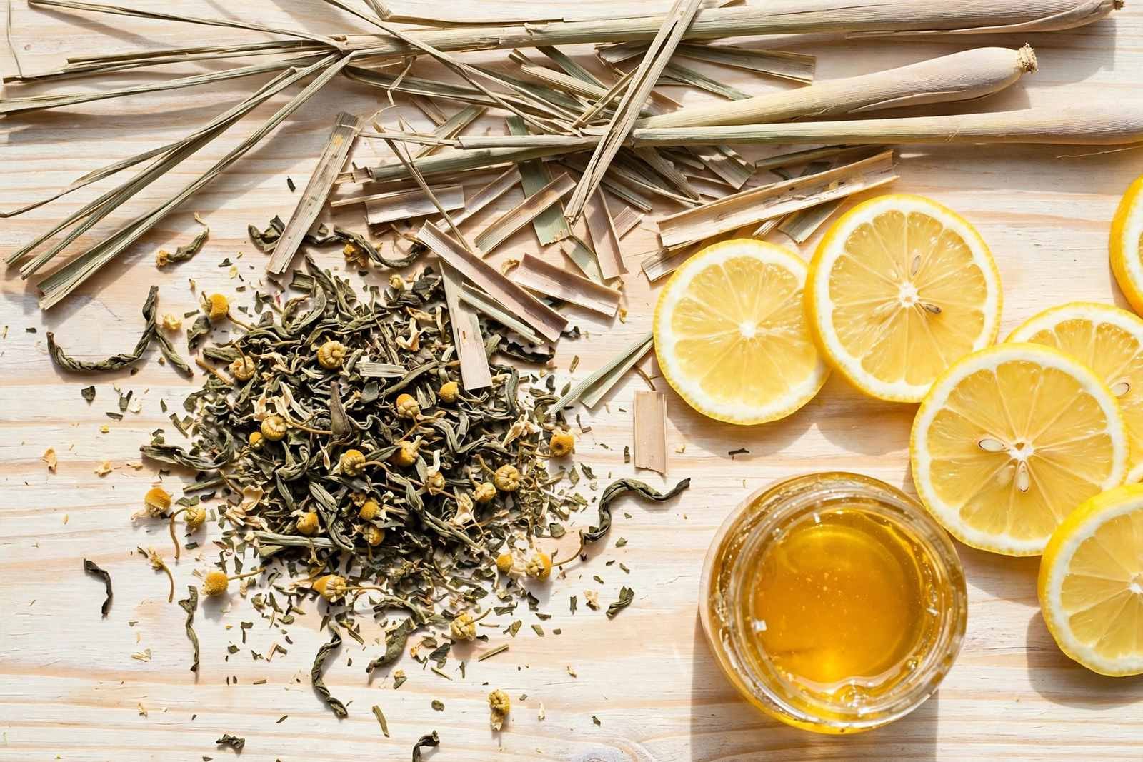 Fresh lemongrass stalks and lemon slices on a wooden board with a glass teapot