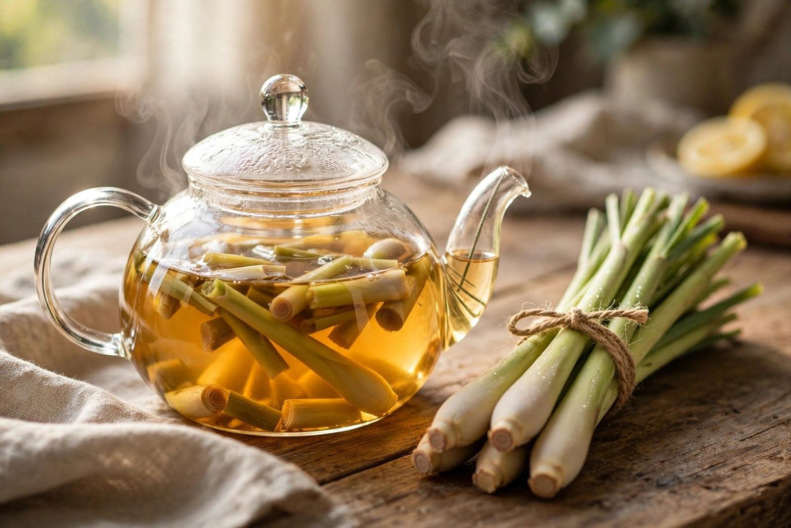 Steaming glass cup of lemongrass tea with fresh lemongrass stalks beside it