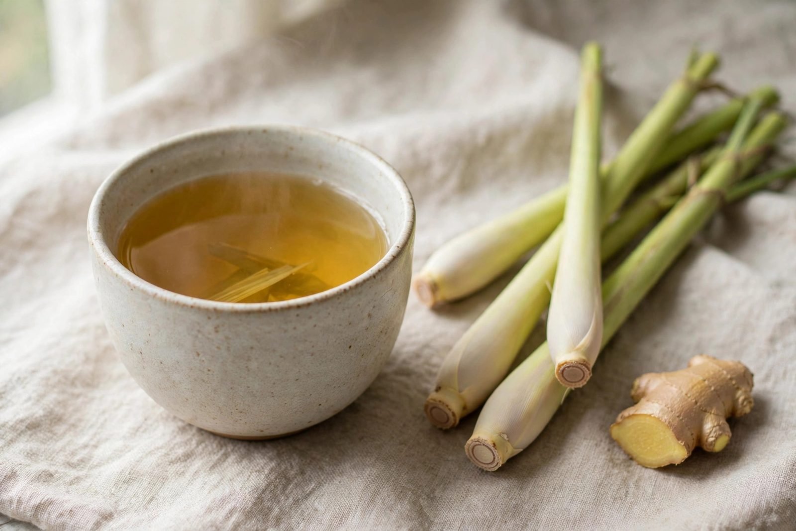 Hand holding a warm mug of lemongrass tea over a rustic table with dried herbs