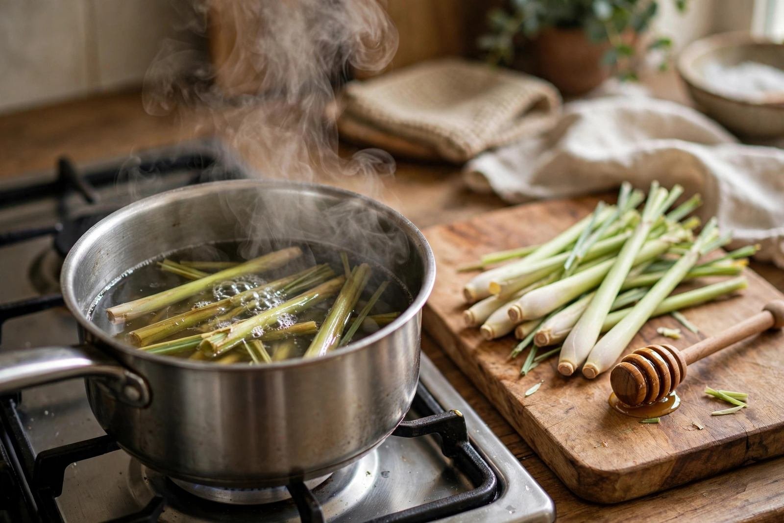 Fresh lemongrass stalks being sliced on a cutting board next to a kettle and honey jar