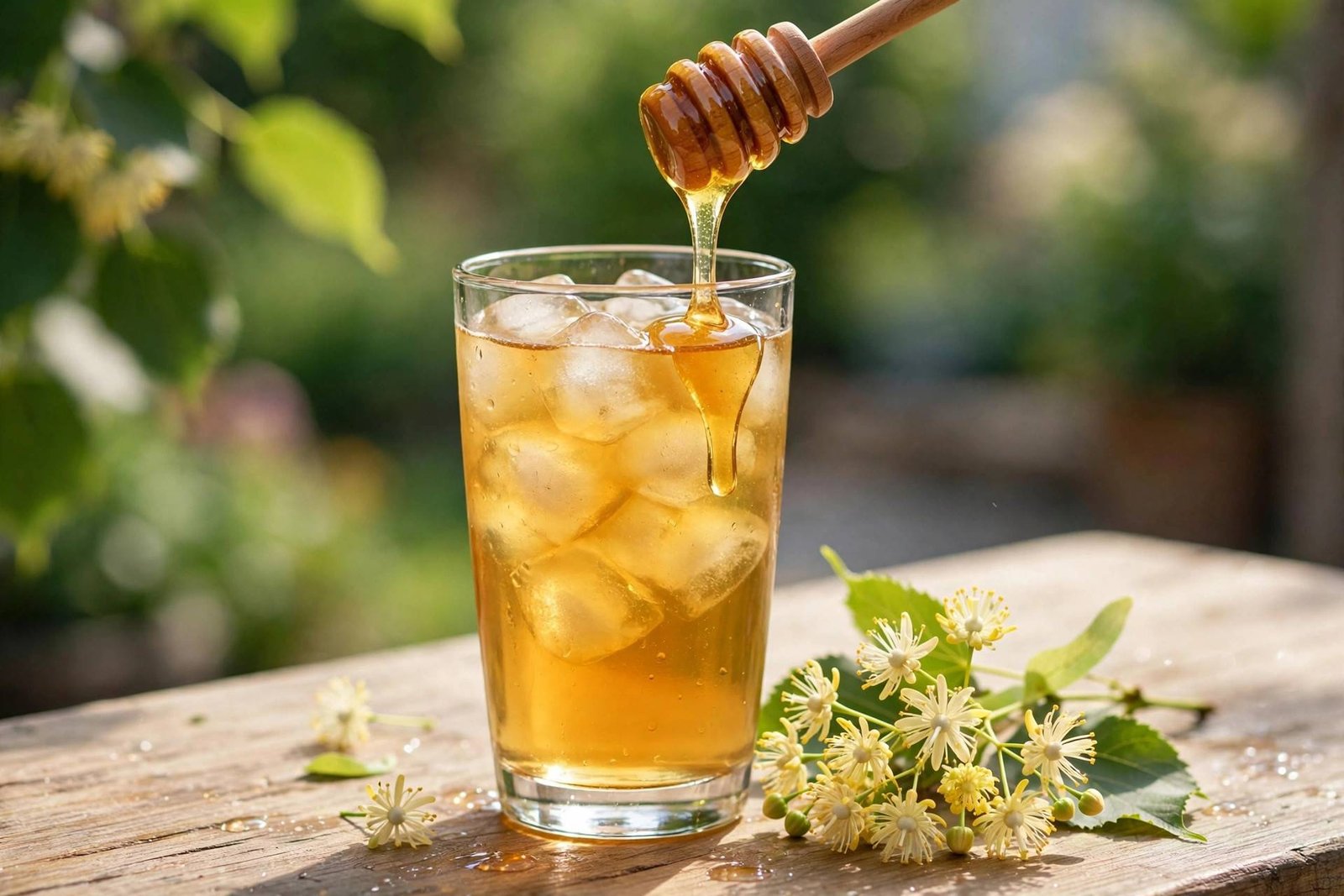 Tall glass of iced golden linden tea with ice cubes and honey being drizzled from a wooden honey dipper on a bright outdoor table