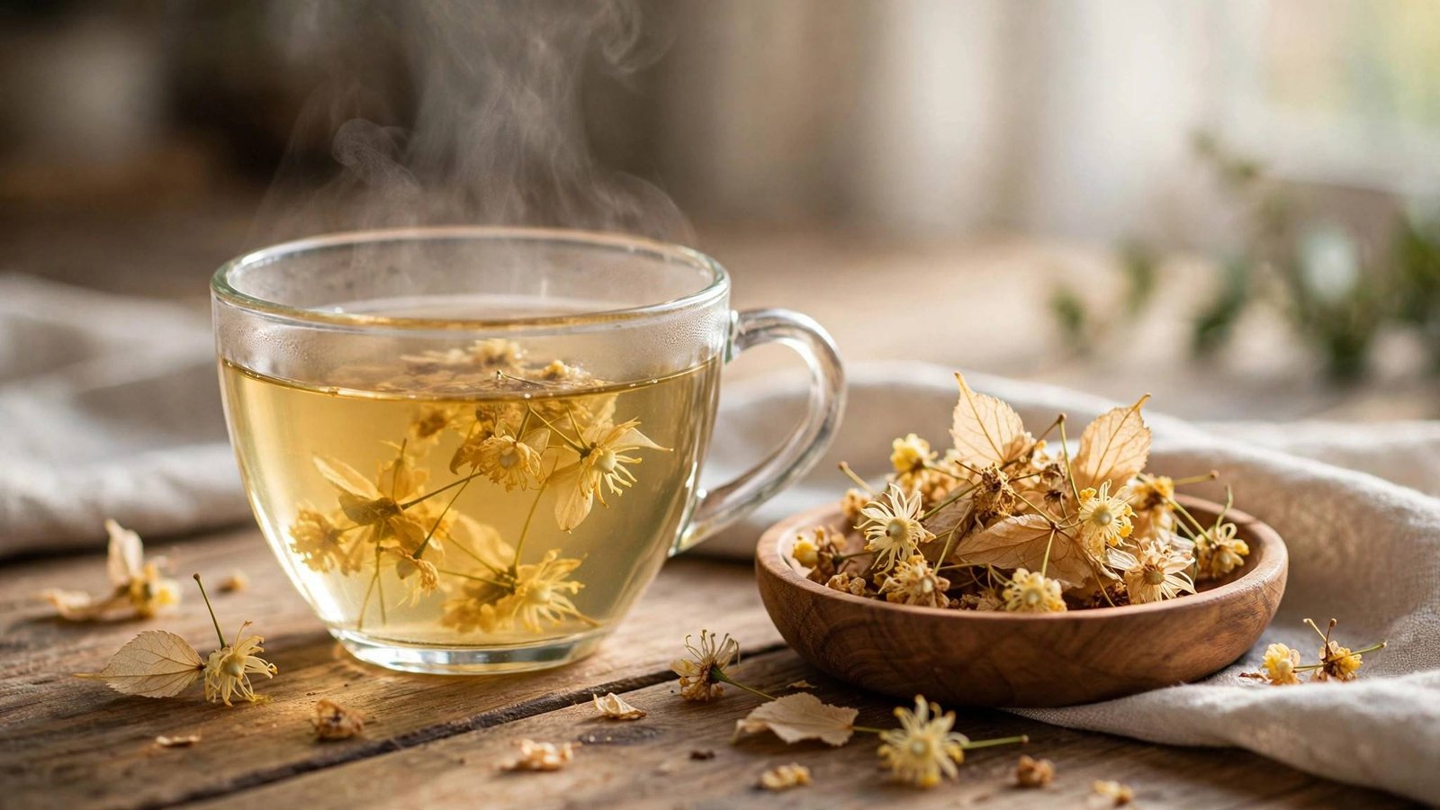 Glass teacup of steaming pale golden linden flower tea beside a wooden bowl of dried linden blossoms on a wooden table