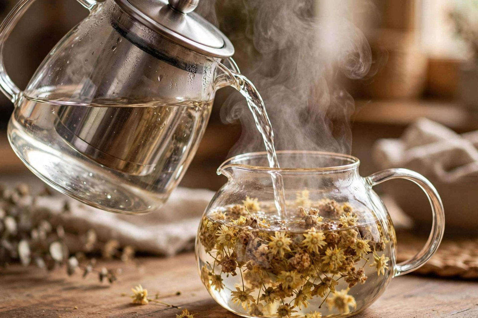 Hot water being poured from a clear glass kettle into a glass teapot filled with dried linden flowers, steam rising