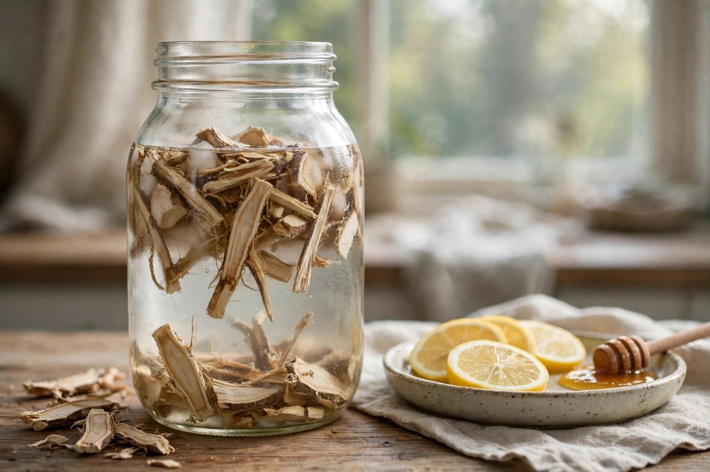 Glass jar of cold-brewing marshmallow root tea, showing the slightly silky infusion
