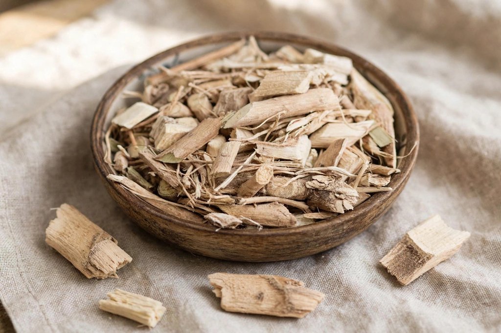 Close-up of dried marshmallow root pieces, the source of mucilage used in marshmallow root tea