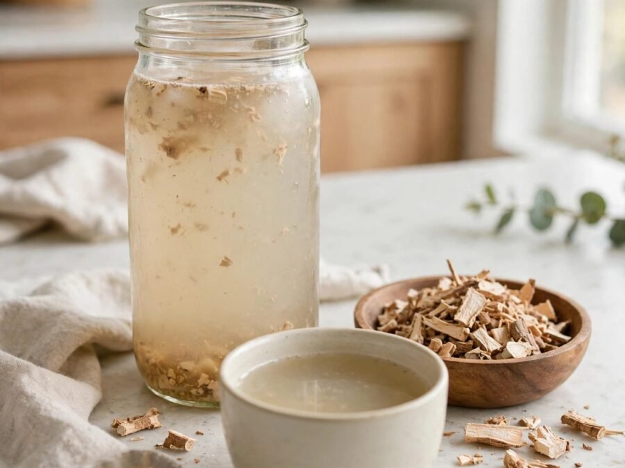 Cold-brewed marshmallow root tea in a glass jar with dried marshmallow root
