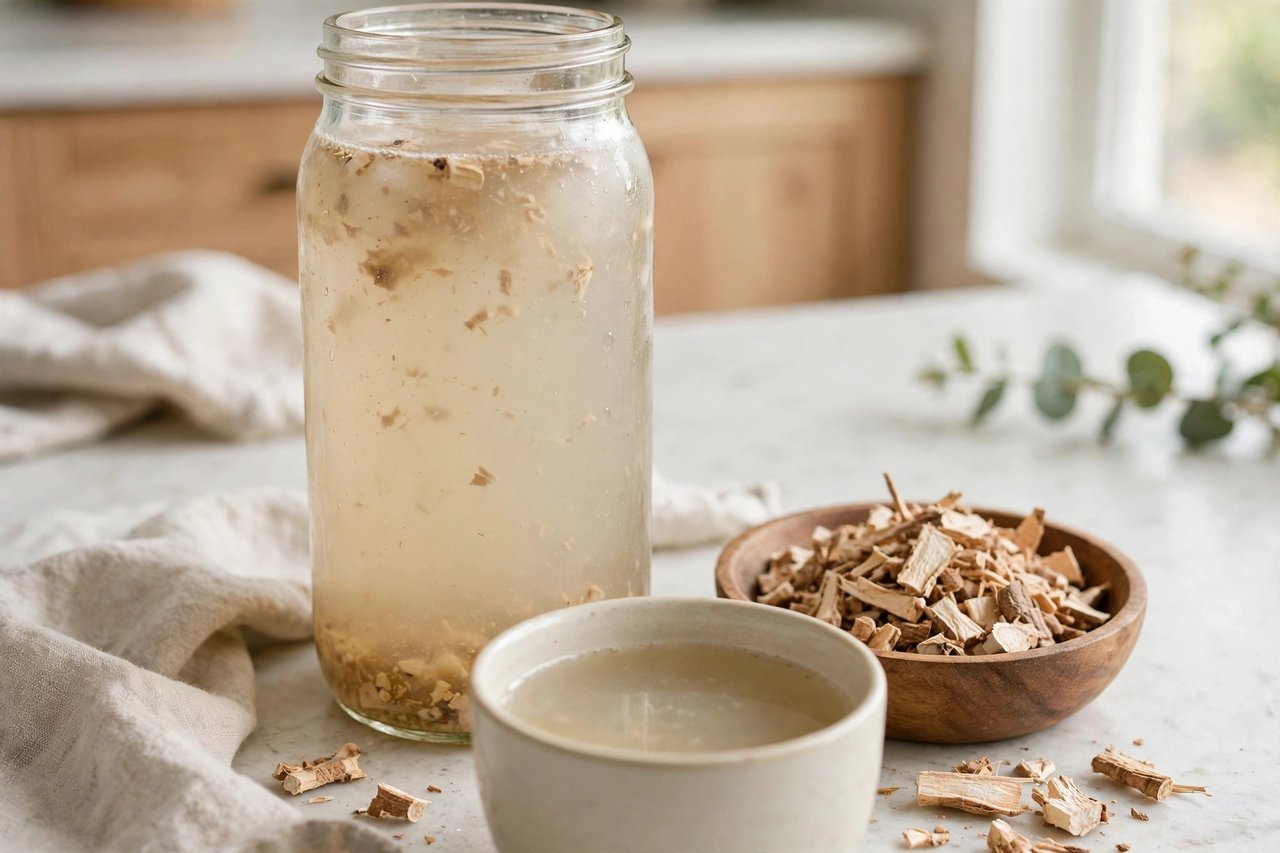Cold-brewed marshmallow root tea in a glass jar with dried marshmallow root