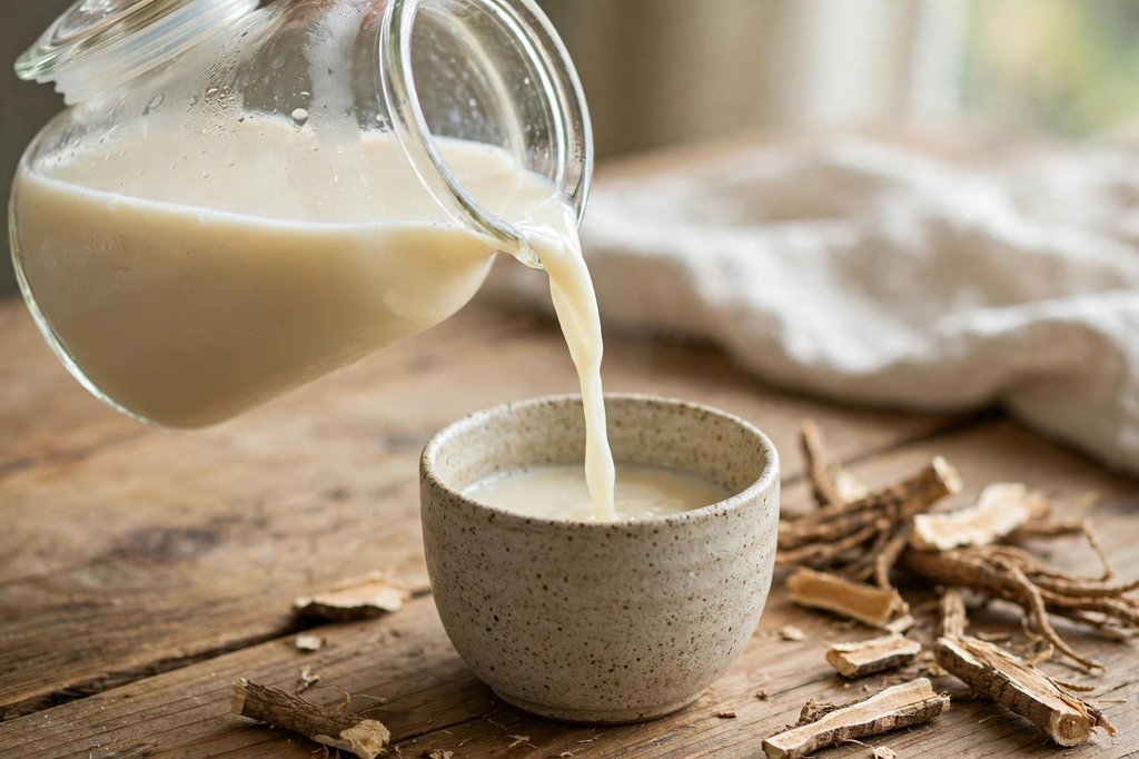 Pouring cold-brewed marshmallow root tea from a glass jar into a ceramic cup