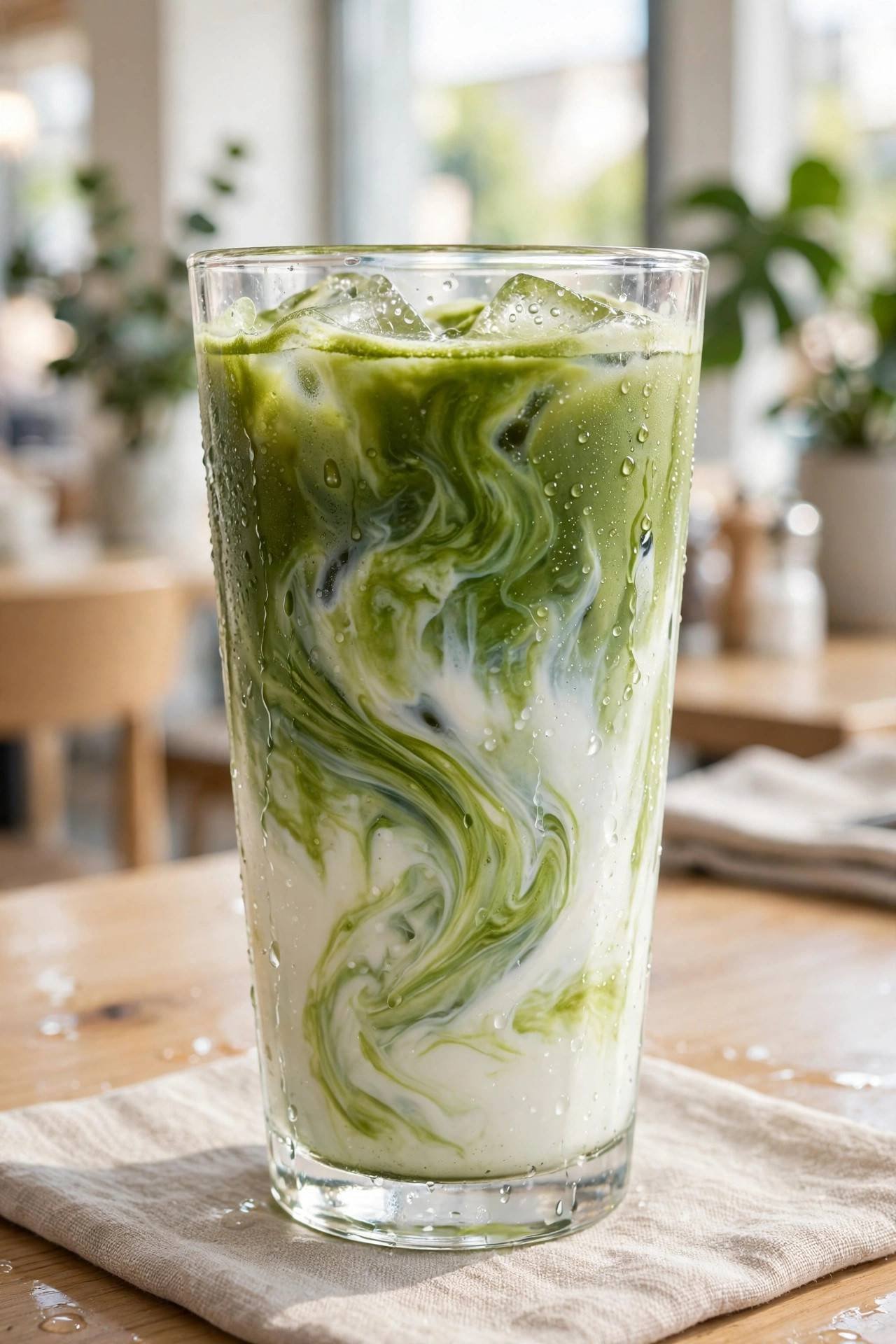 Iced matcha latte in a tall glass with swirling milk and green tea layers