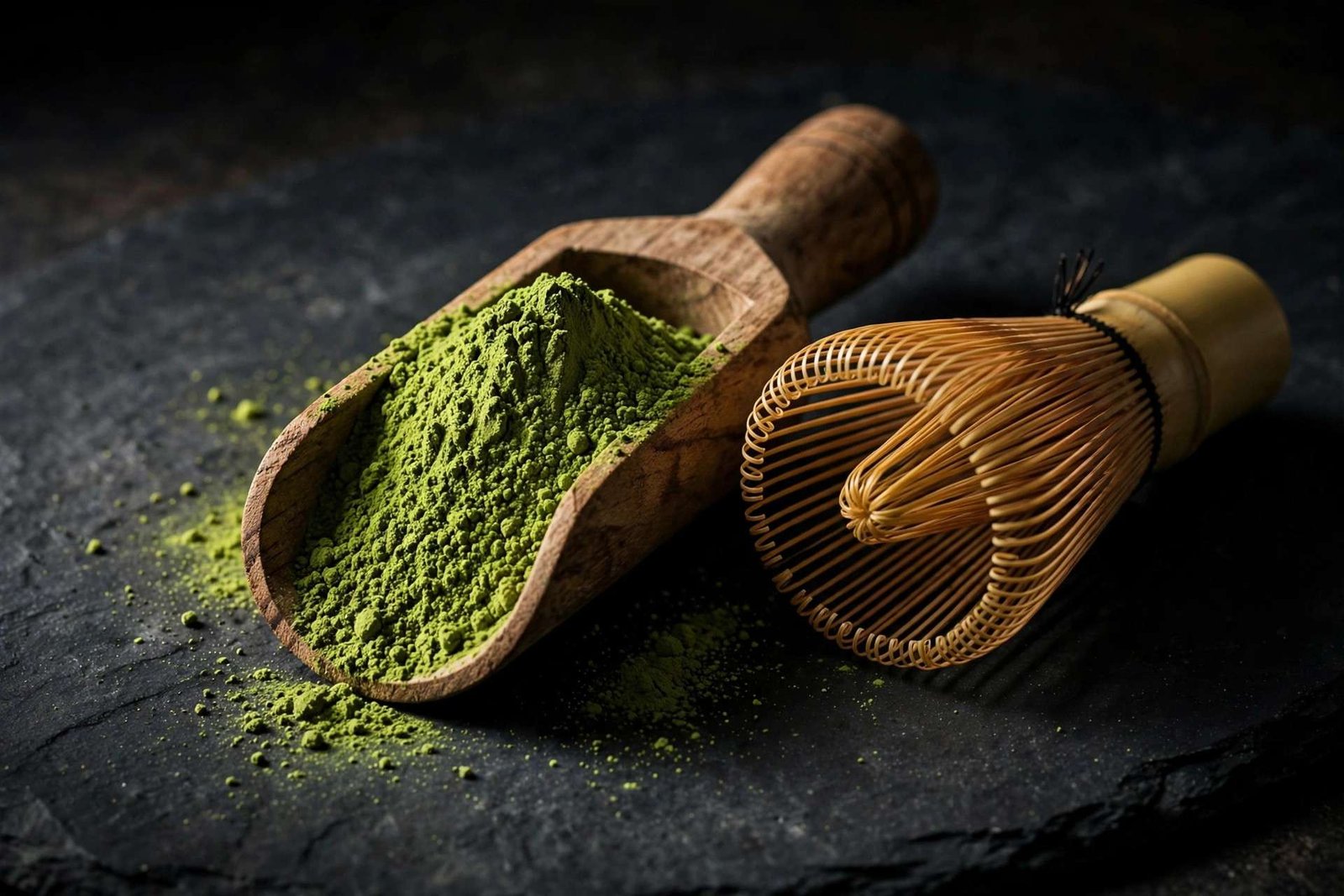 Wooden scoop of vibrant green matcha powder beside a bamboo whisk on dark slate