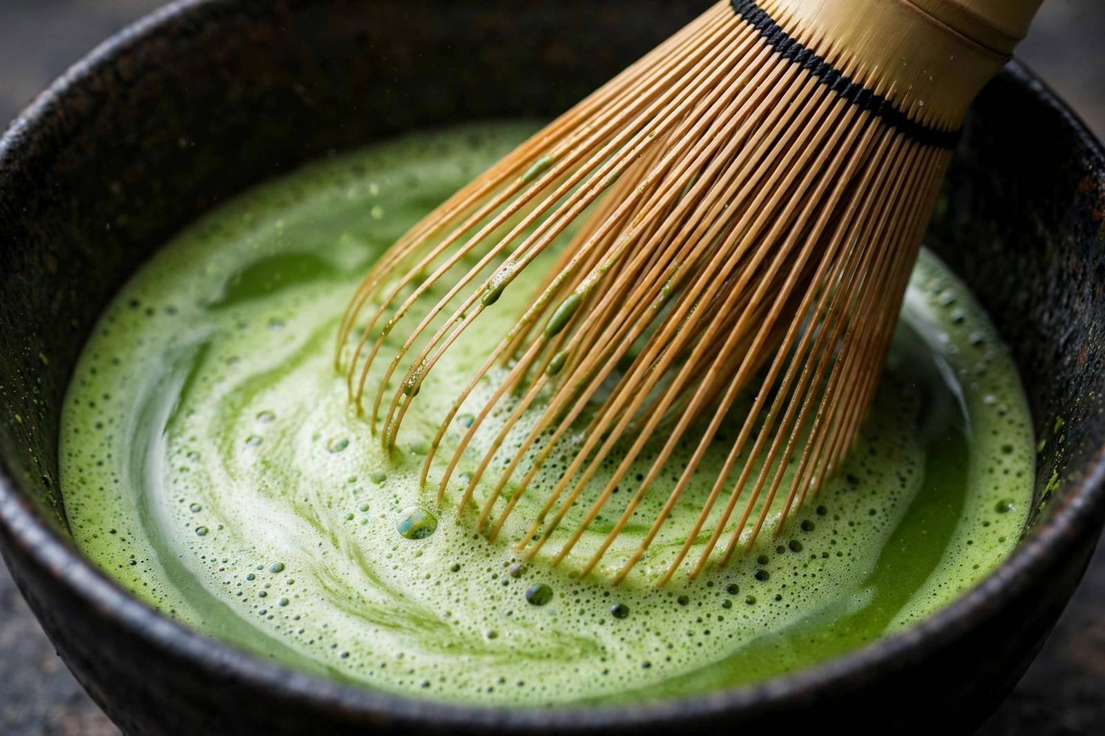 Bamboo chasen whisk frothing bright green matcha in a ceramic bowl