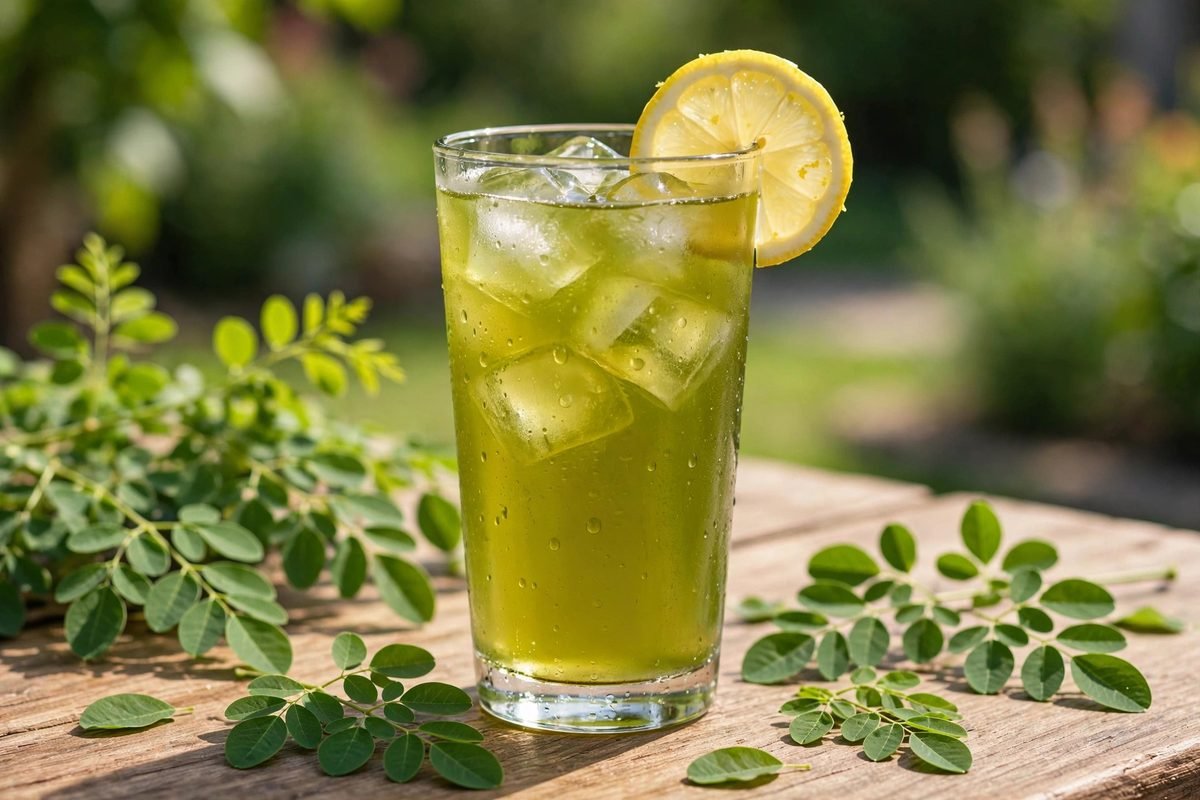 Tall glass of iced green moringa tea with ice cubes and a lemon slice on a sunny table
