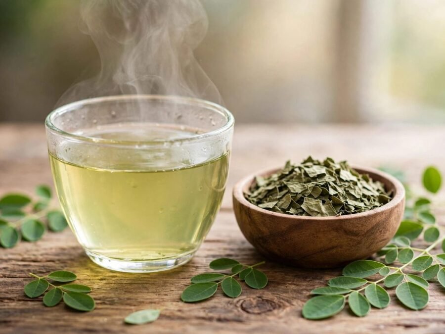 Glass cup of steaming green moringa tea with a wooden bowl of dried moringa leaves and fresh leaves on a wooden table