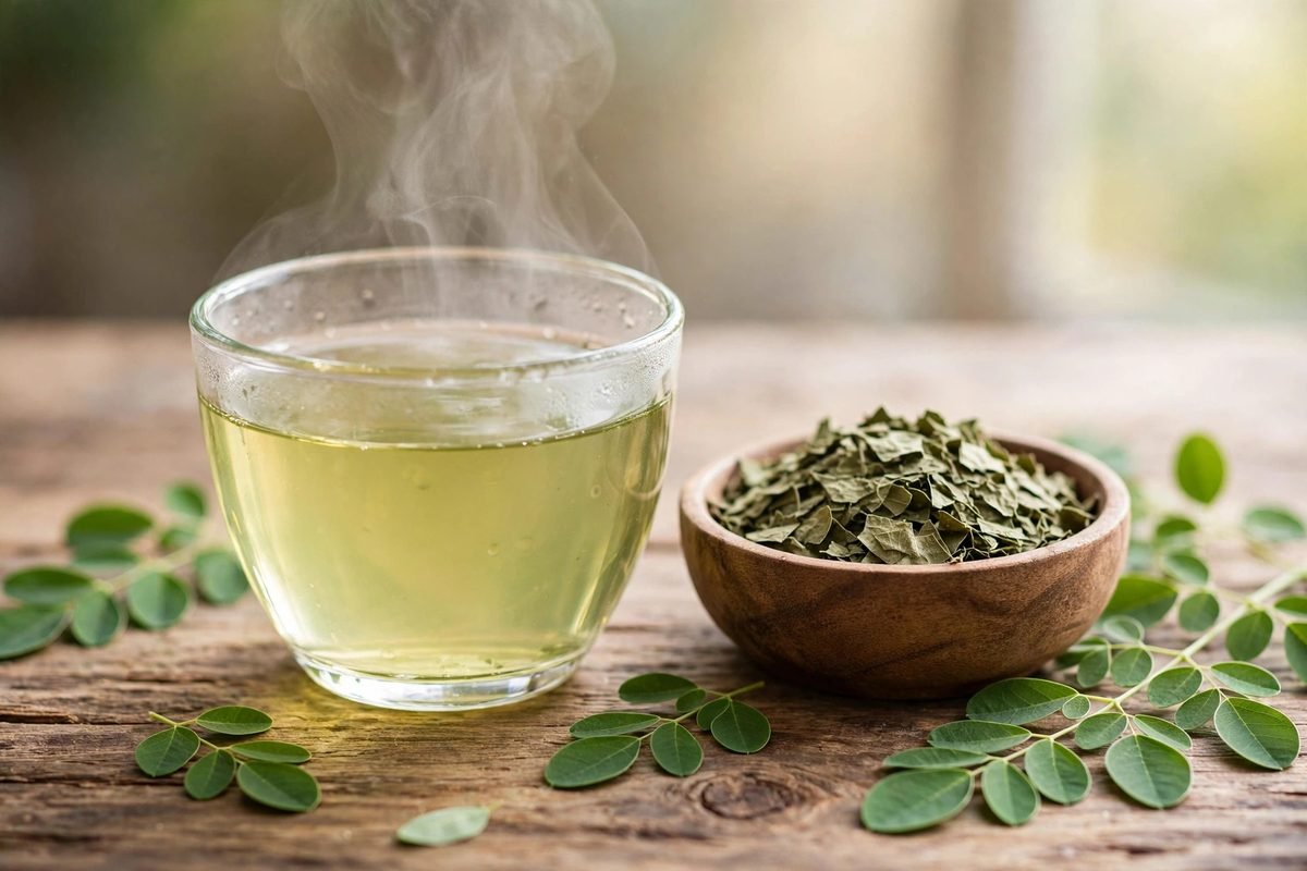 Glass cup of steaming green moringa tea with a wooden bowl of dried moringa leaves and fresh leaves on a wooden table