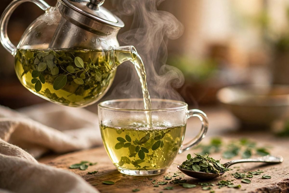 Green moringa tea being poured from a glass teapot into a cup with dried leaves in a spoon beside it