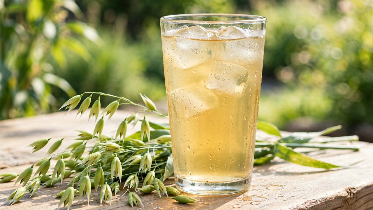 Tall glass of iced pale golden oat straw tea with ice cubes and condensation on a sunny outdoor table