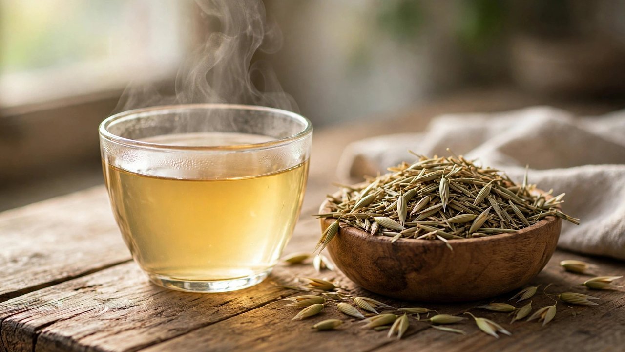 Glass cup of pale golden oat straw tea with steam rising, beside a small wooden bowl of dried green oat straw on a wooden table