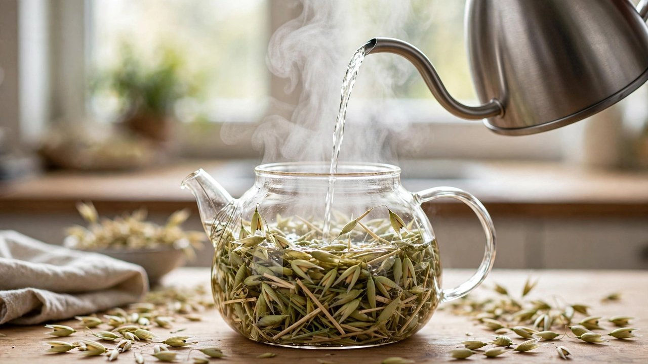 Hot water being poured into a clear glass teapot filled with dried green oat straw, steam rising