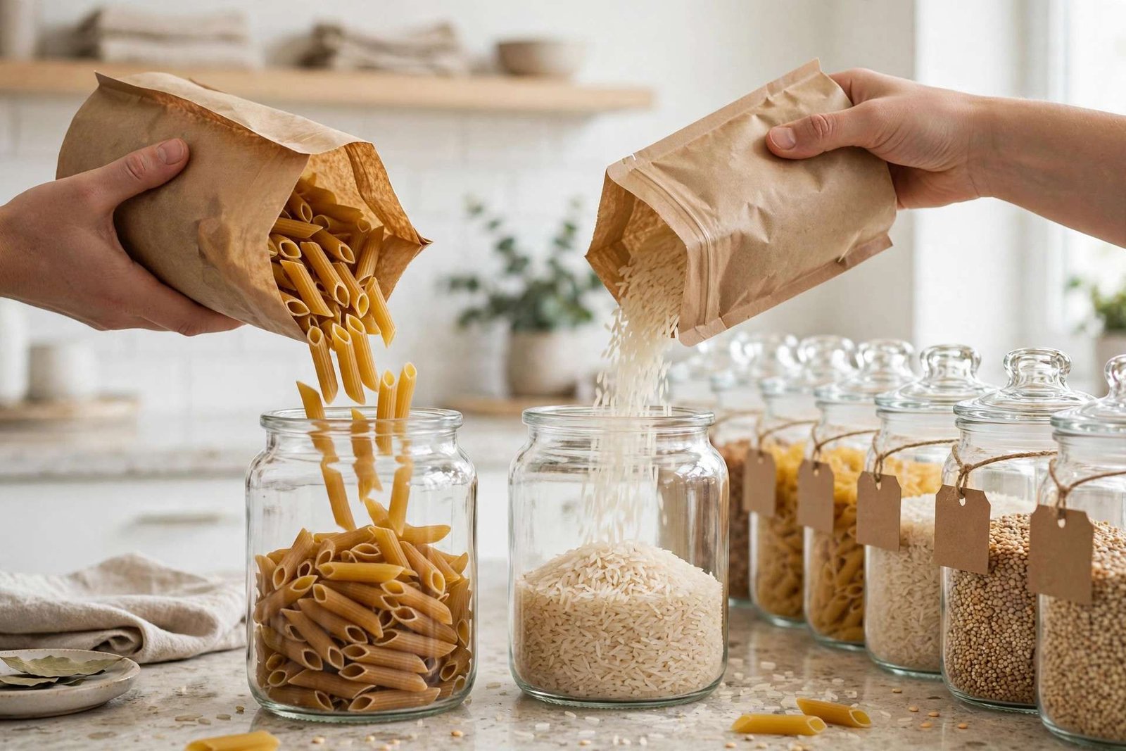 Dry pasta and rice being poured into clear glass storage jars on a kitchen counter