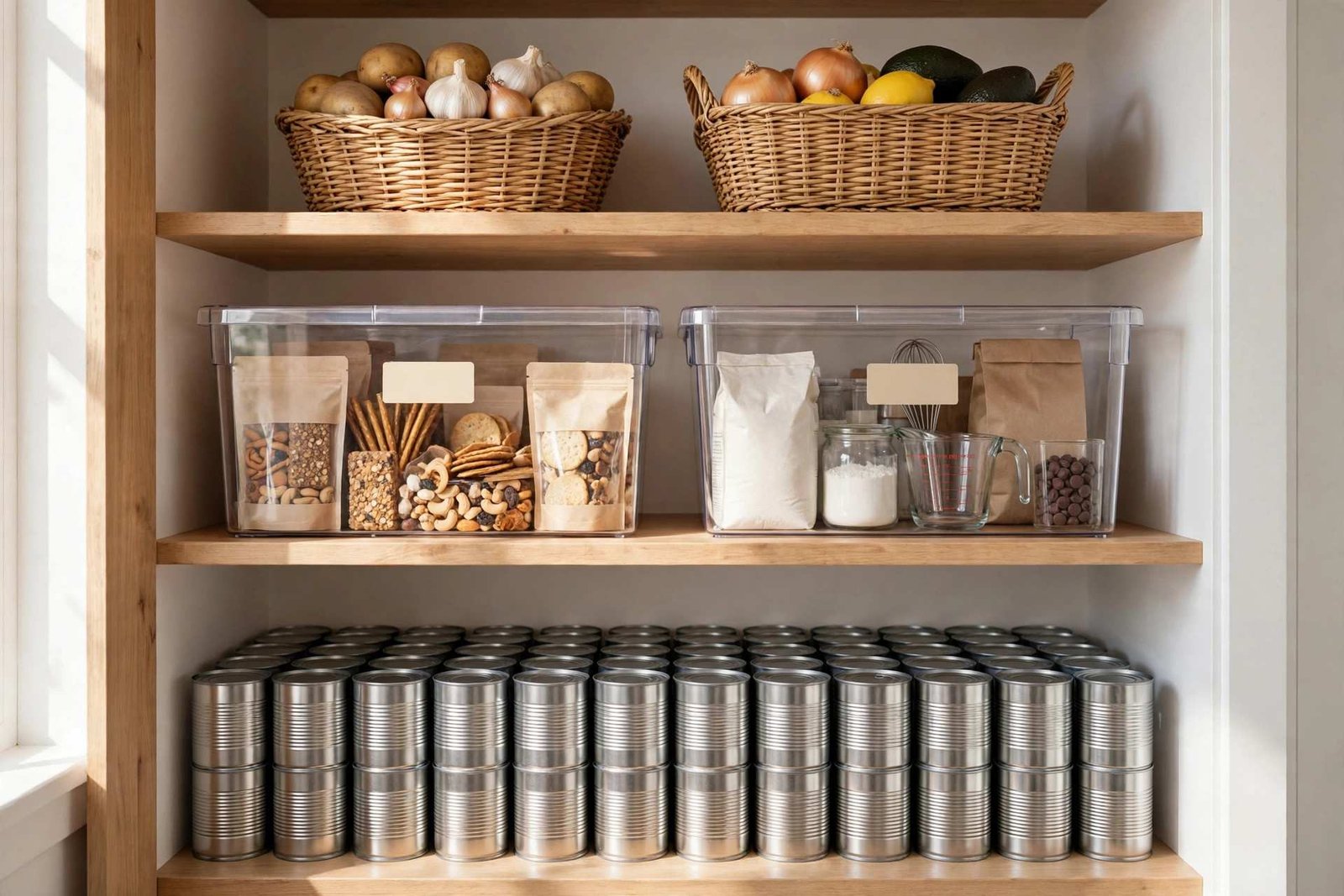Pantry shelf organized into zones with baskets and clear bins for snacks, baking, and canned goods