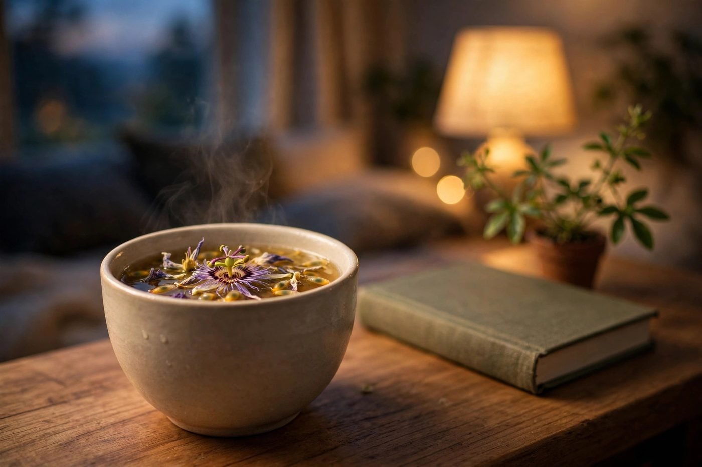 Warm cup of passionflower herbal tea on a wooden bedside table at dusk with soft lamp glow, a book and a plant in the background
