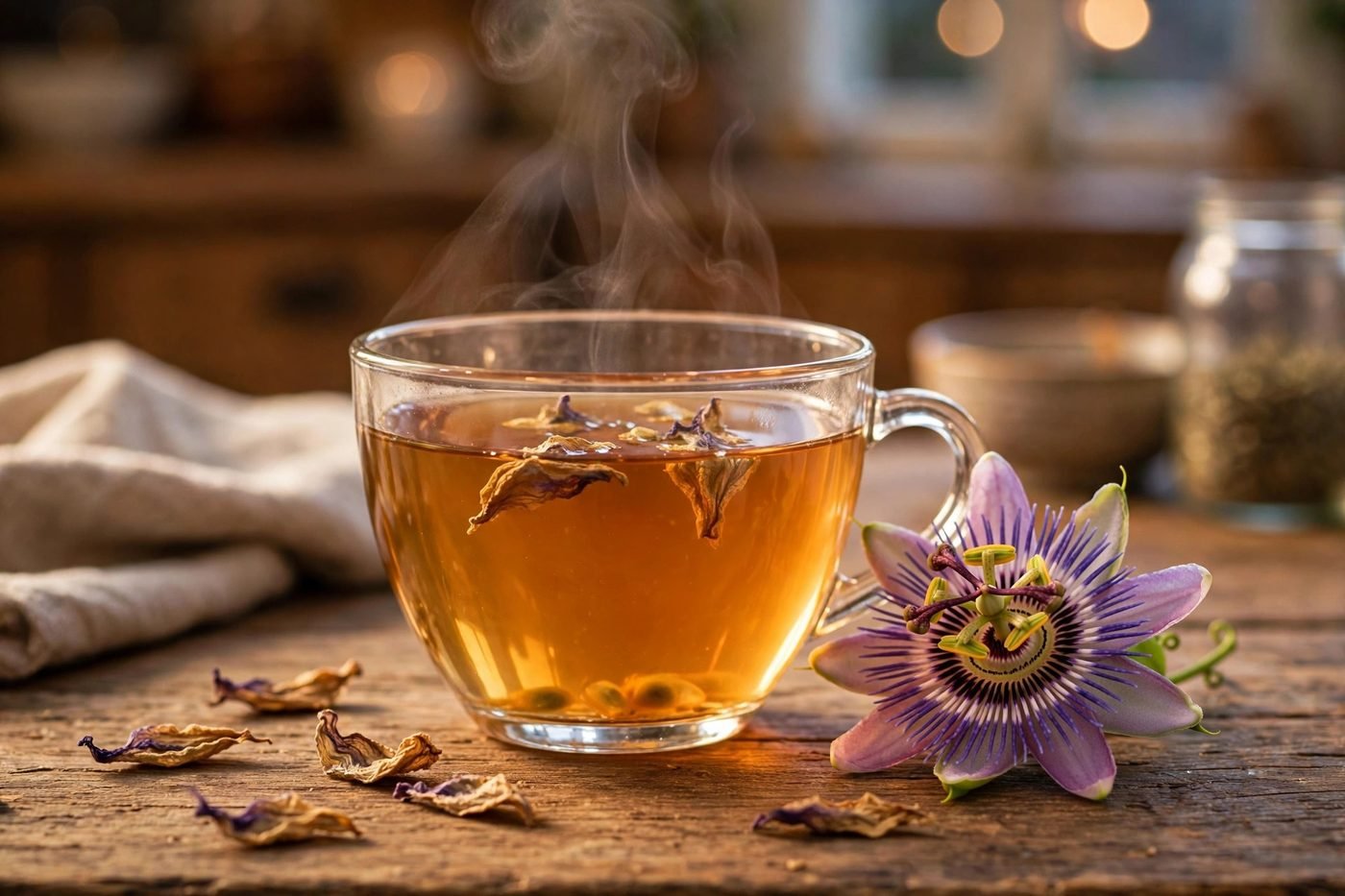 Glass cup of steaming amber passionflower tea with dried passionflower petals and a fresh purple passionflower blossom on a wooden table