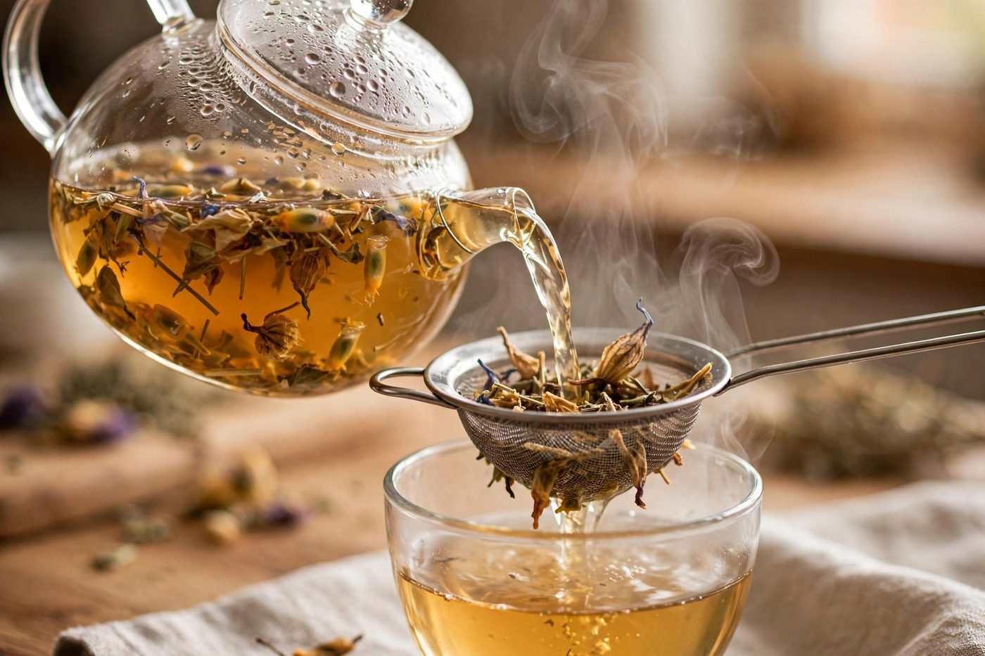 Passionflower tea being poured from a glass teapot through a fine-mesh strainer into a glass cup, with steam rising