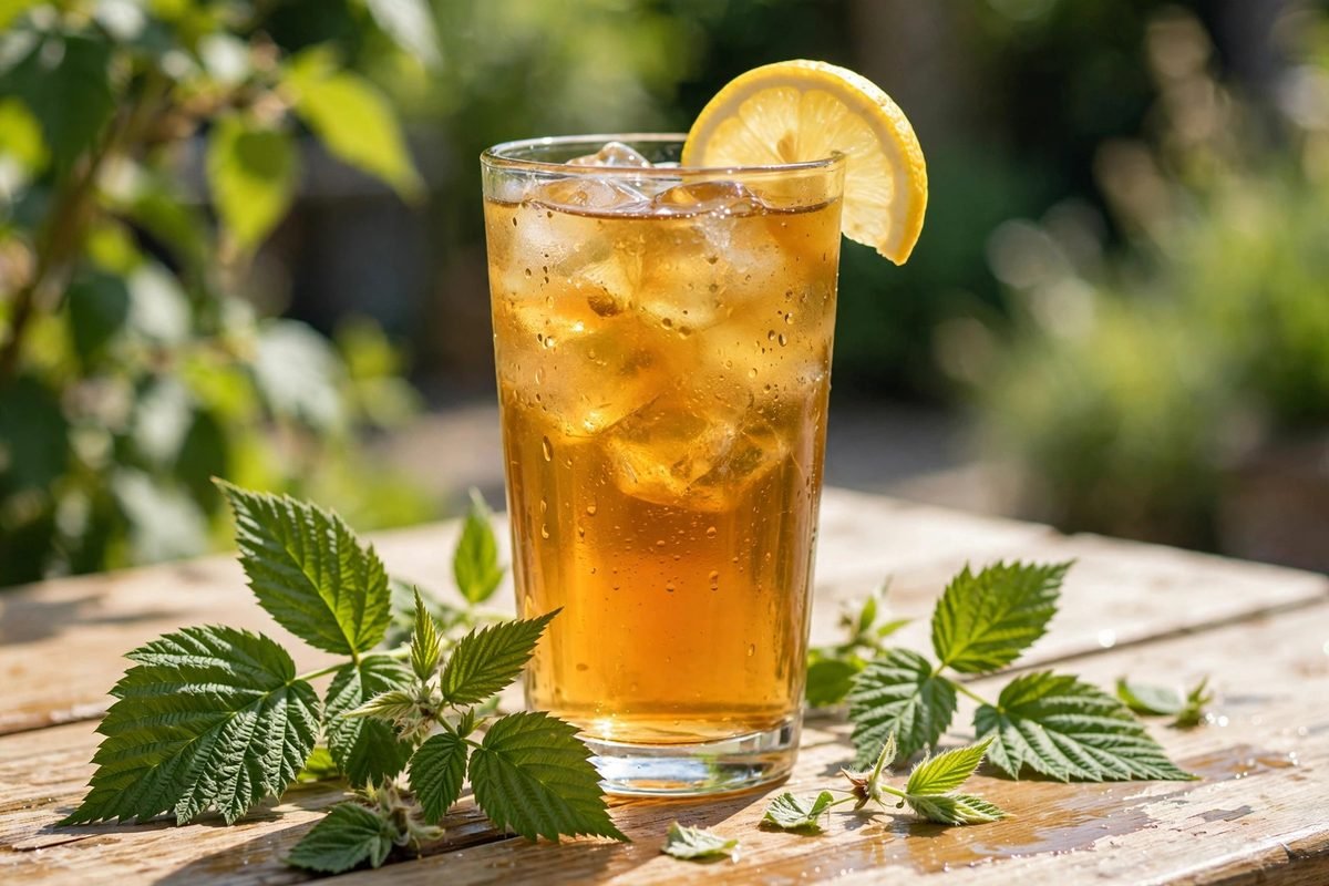 Tall glass of iced golden raspberry leaf tea with ice cubes and a lemon slice on a sunny outdoor table