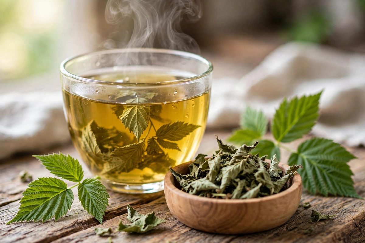 Glass cup of steaming golden-green raspberry leaf tea with a wooden bowl of dried raspberry leaves and fresh leaves on a wooden table