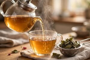 Golden raspberry leaf tea being poured from a glass teapot into a cup with dried raspberry leaves in a strainer beside it