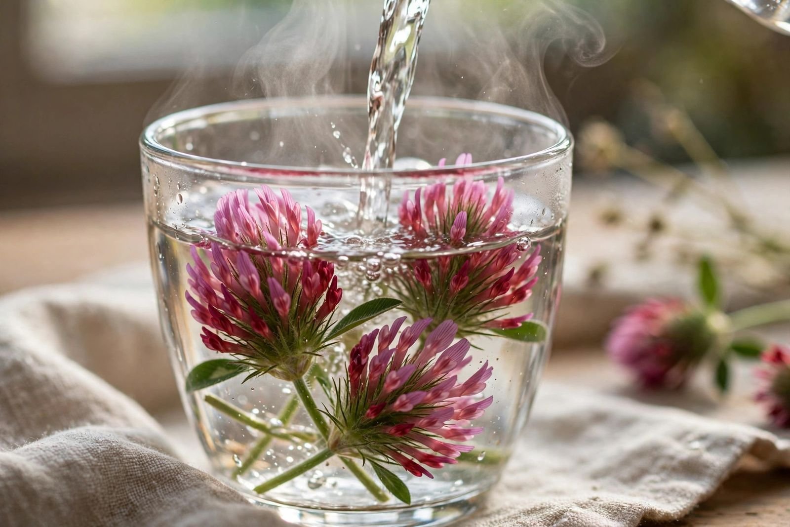 Red clover blossoms steeping and unfurling in a clear glass cup of hot water