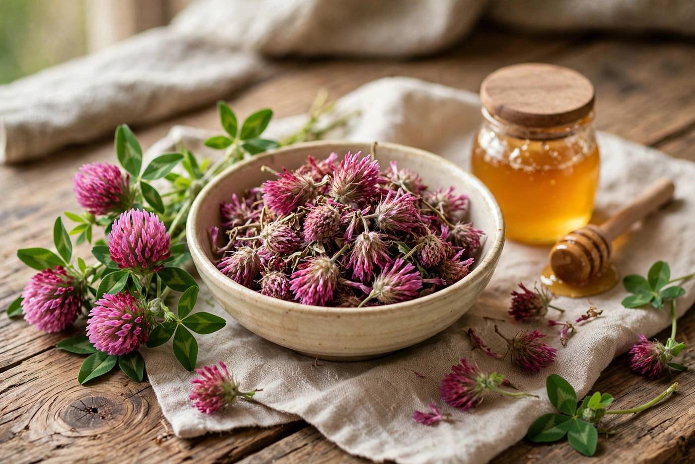 Dried red clover blossoms in a ceramic bowl with fresh clover flowers and honey