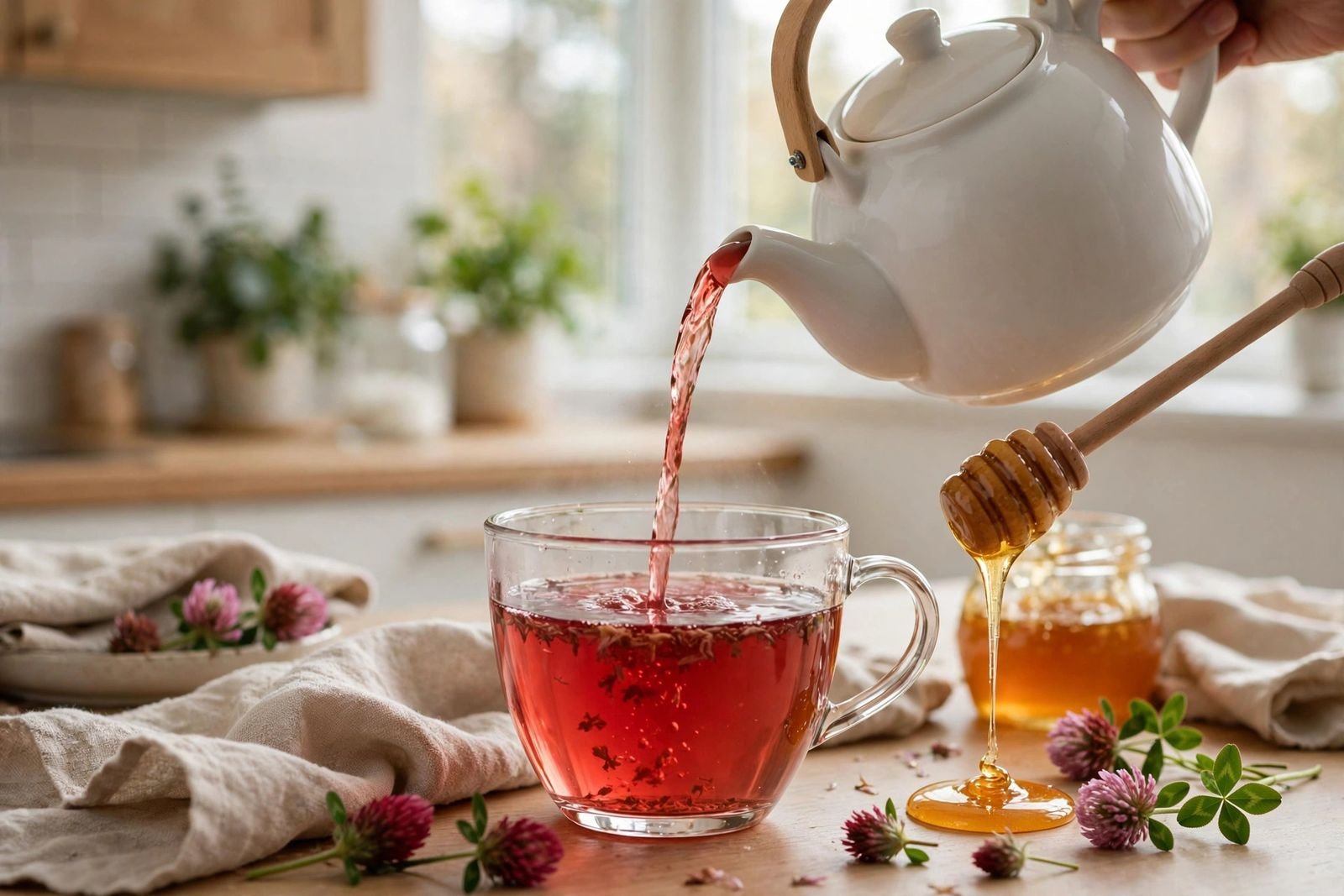 Red clover tea being poured from a white ceramic teapot into a glass cup