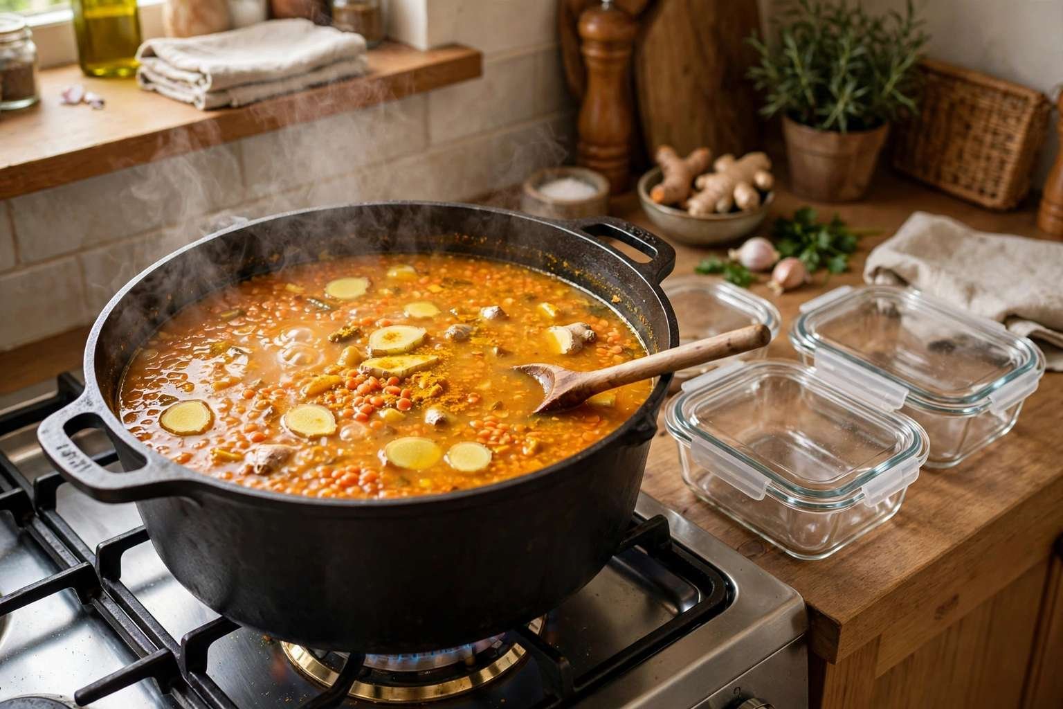 Pot of golden red lentil soup with turmeric and ginger simmering, with glass meal-prep containers beside it