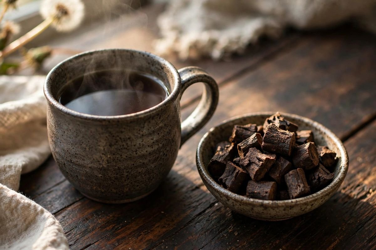 Ceramic mug of dark roasted dandelion root tea beside a bowl of roasted dandelion root chunks
