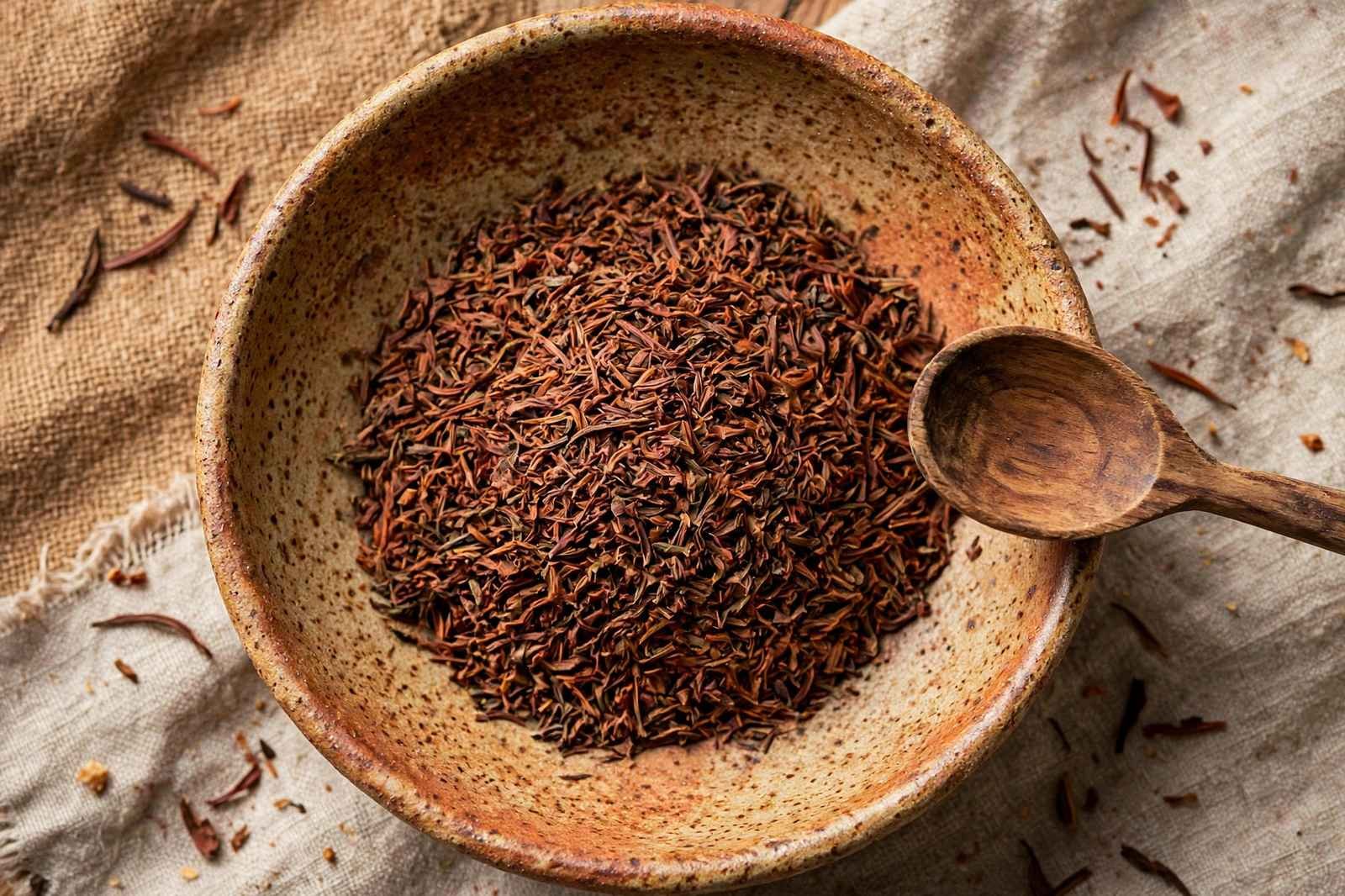 Top-down view of loose red rooibos leaves in a ceramic bowl with a wooden spoon