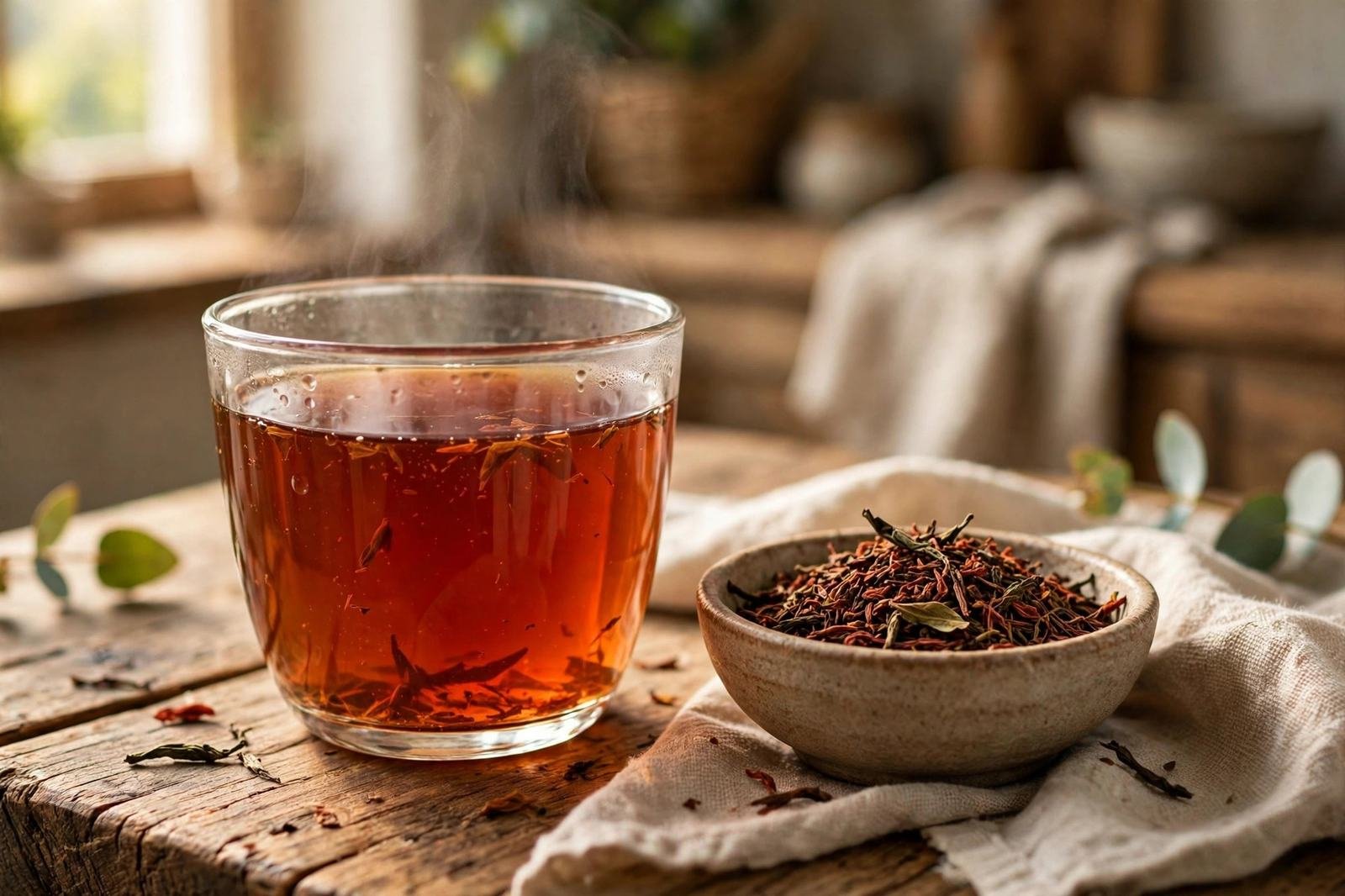 Glass cup of reddish-brown rooibos tea with a bowl of loose red rooibos leaves on a wooden table