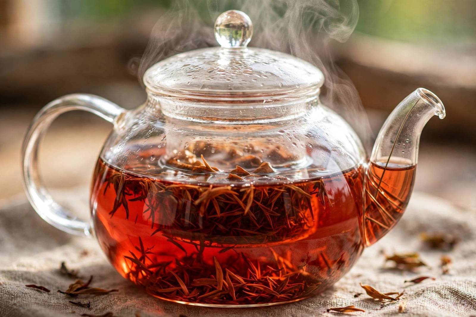 Clear glass teapot brewing red rooibos tea with steam rising