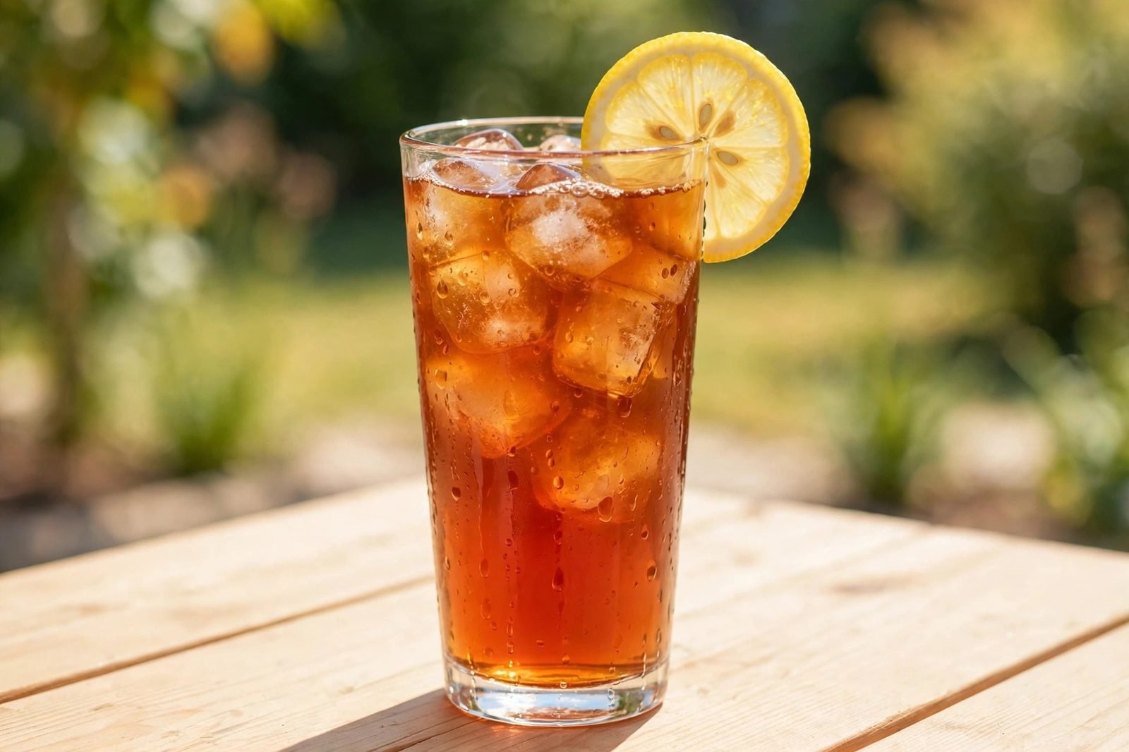 Tall glass of iced rooibos tea with a lemon slice and ice cubes