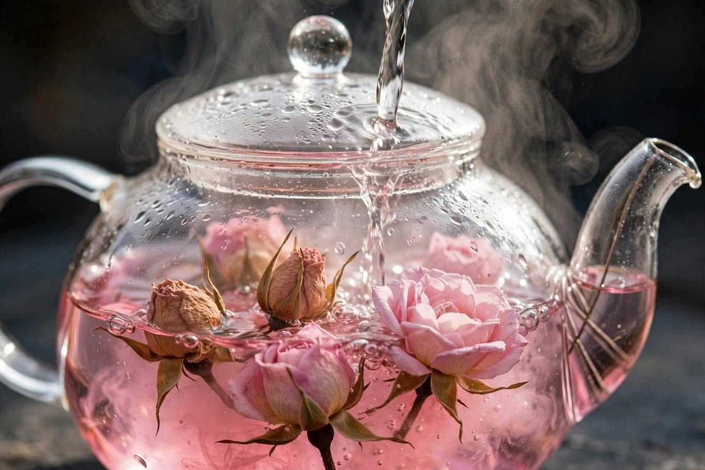 Dried rose buds blooming open in a glass teapot as hot water pours, pink hues spreading