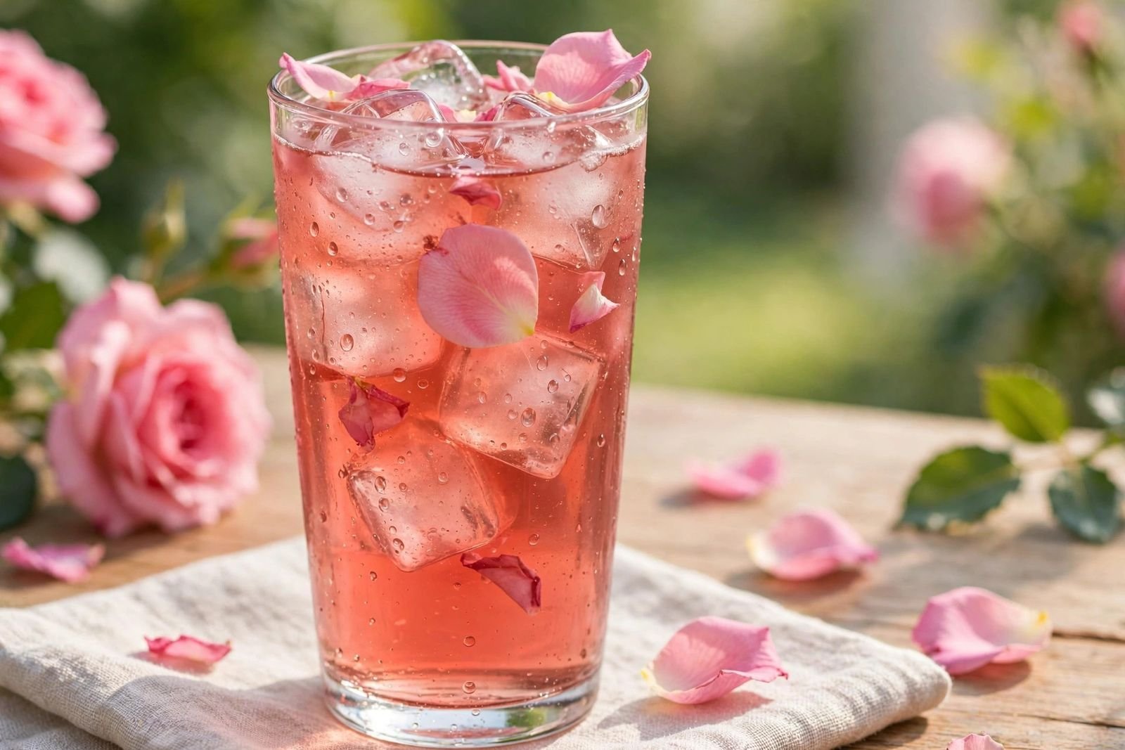 Tall glass of iced rose tea with ice cubes and floating rose petals
