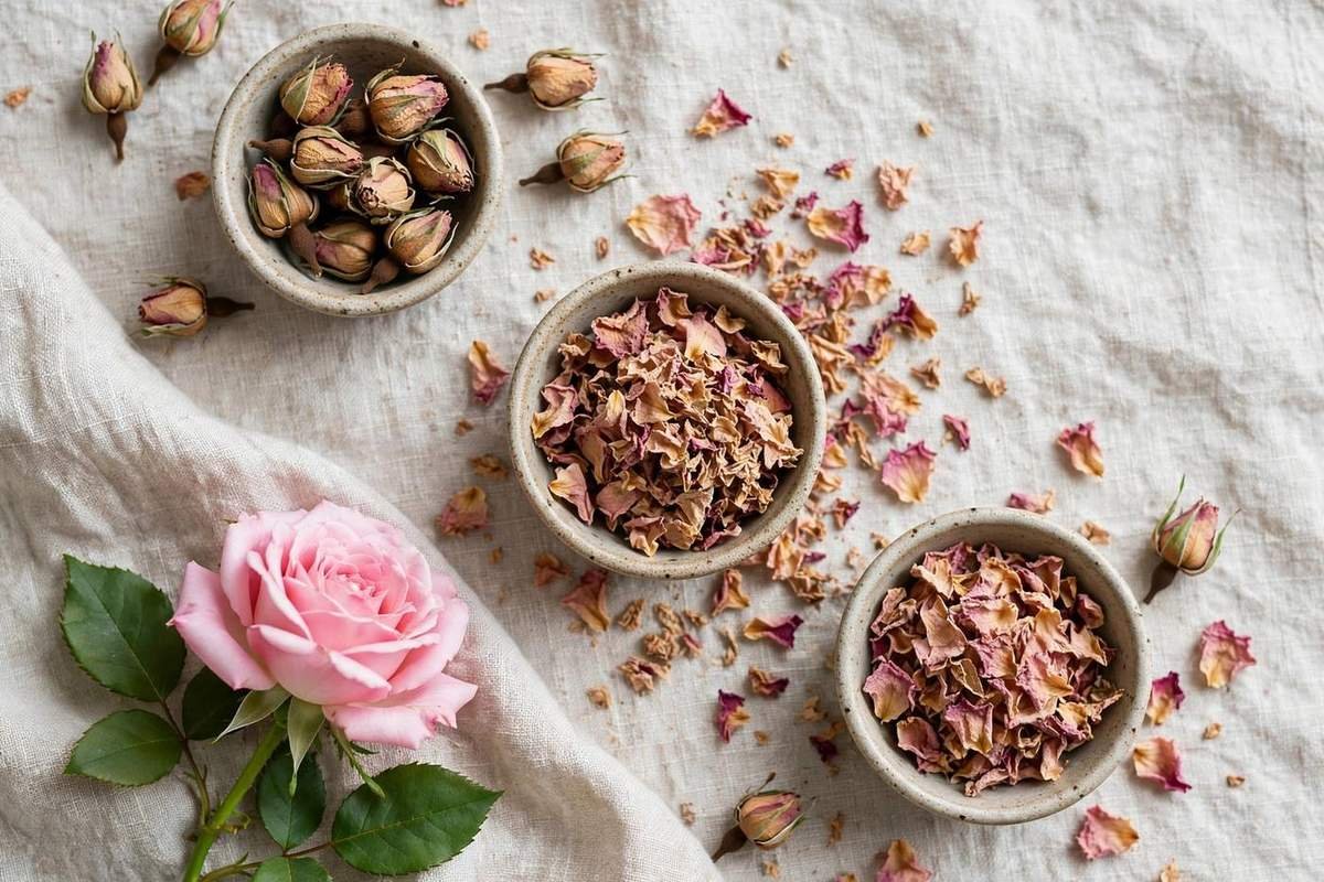 Dried rose buds and petals in small bowls on linen with a fresh pink rose