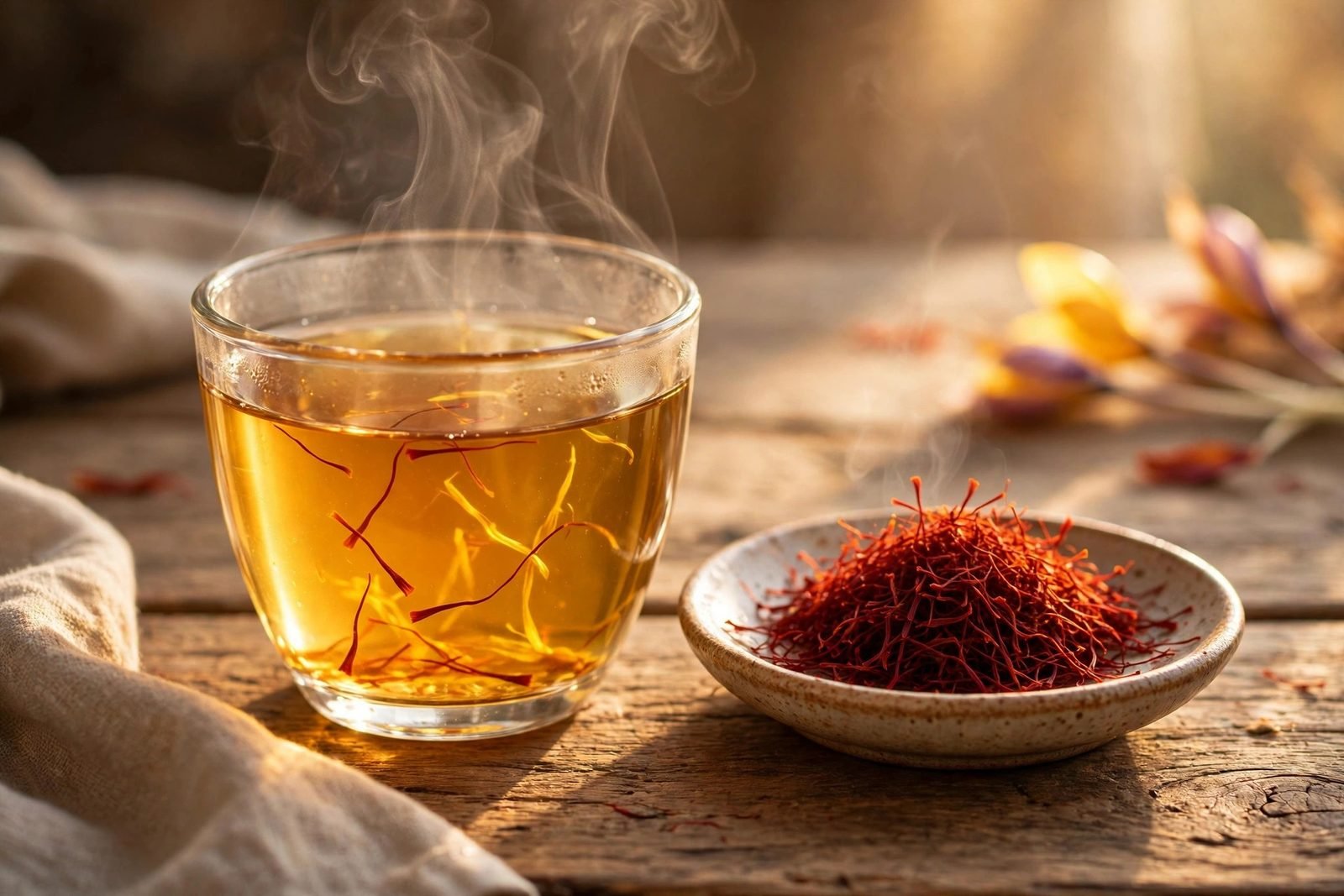A glass cup of golden saffron tea with red saffron threads visible beside it on a wooden table