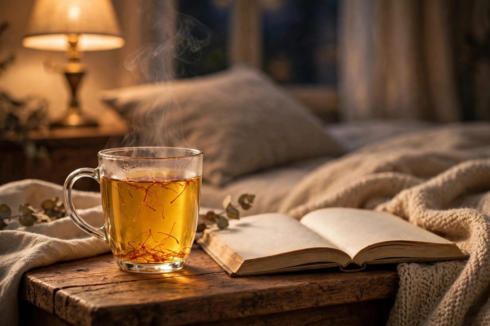 Hands wrapped around a warm cup of golden saffron tea by a window in soft evening light