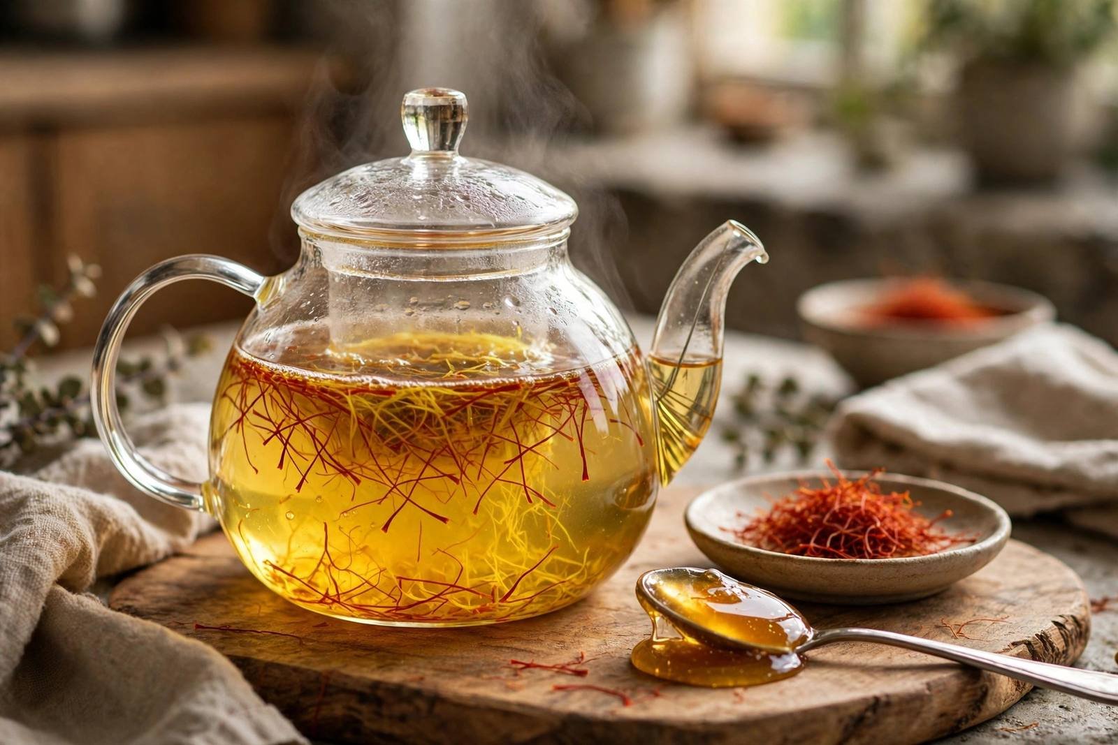 Overhead view of saffron tea preparation: hot water, a pinch of saffron threads, honey and a lemon wedge