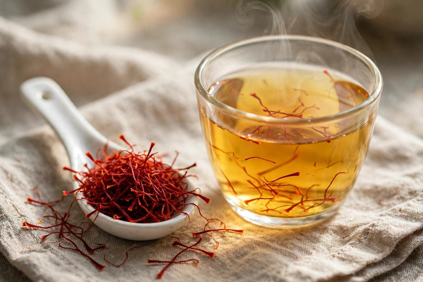 Close-up of dried red saffron threads in a small glass bowl next to a cup of brewed saffron tea
