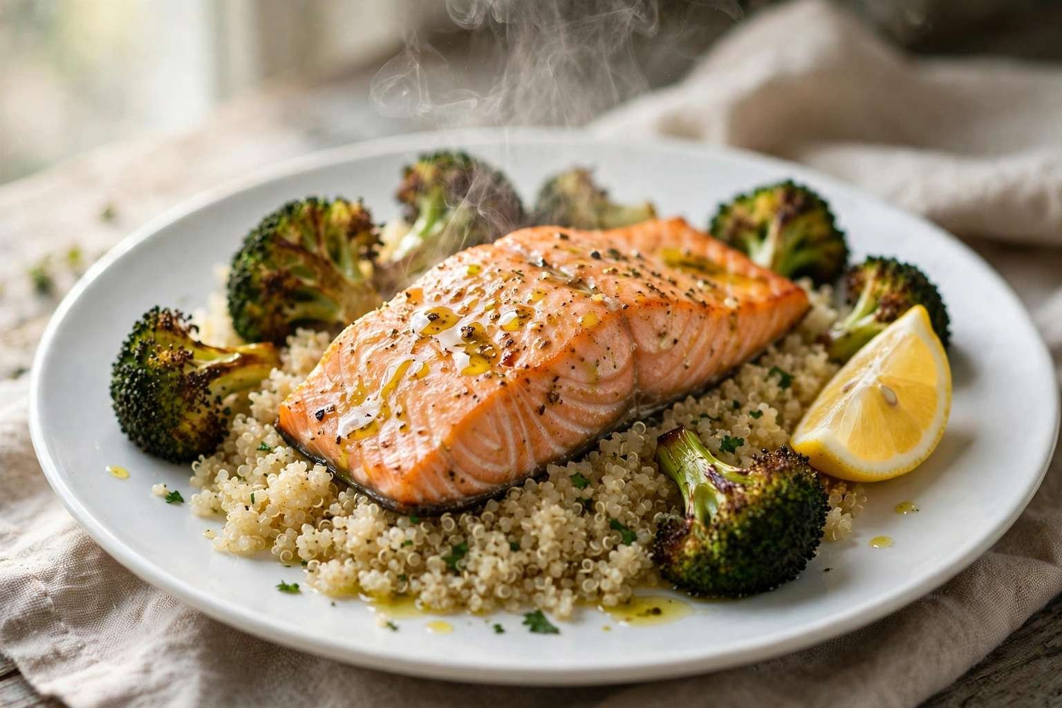 Baked salmon fillet on quinoa with roasted broccoli, lemon wedge, and olive oil drizzle on a white plate