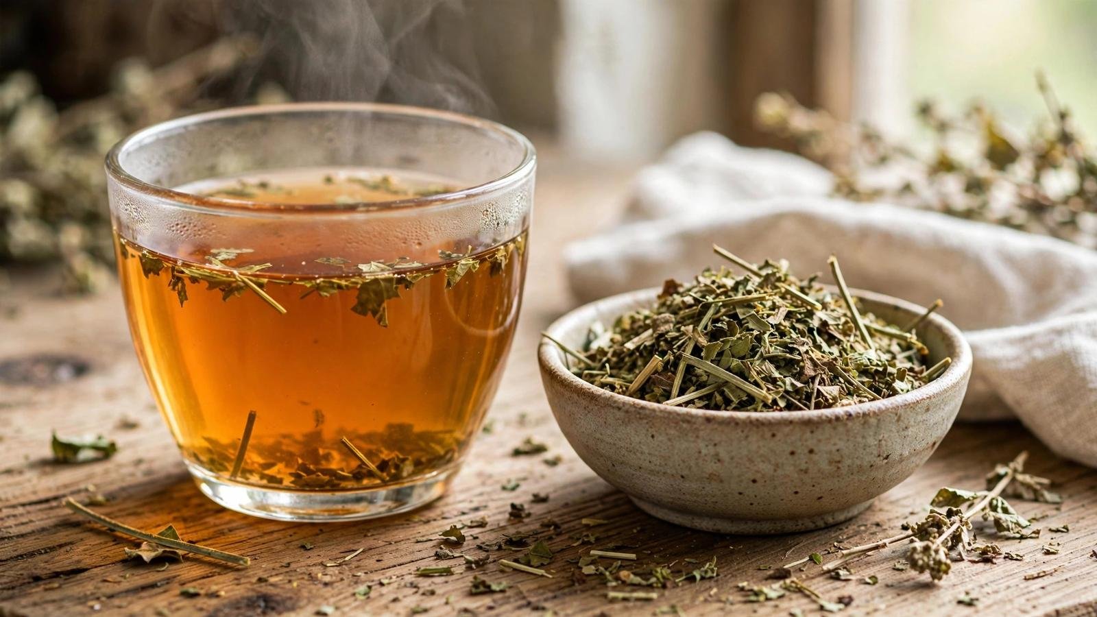Glass cup of amber skullcap tea beside a small wooden bowl of dried skullcap herb on a wooden table