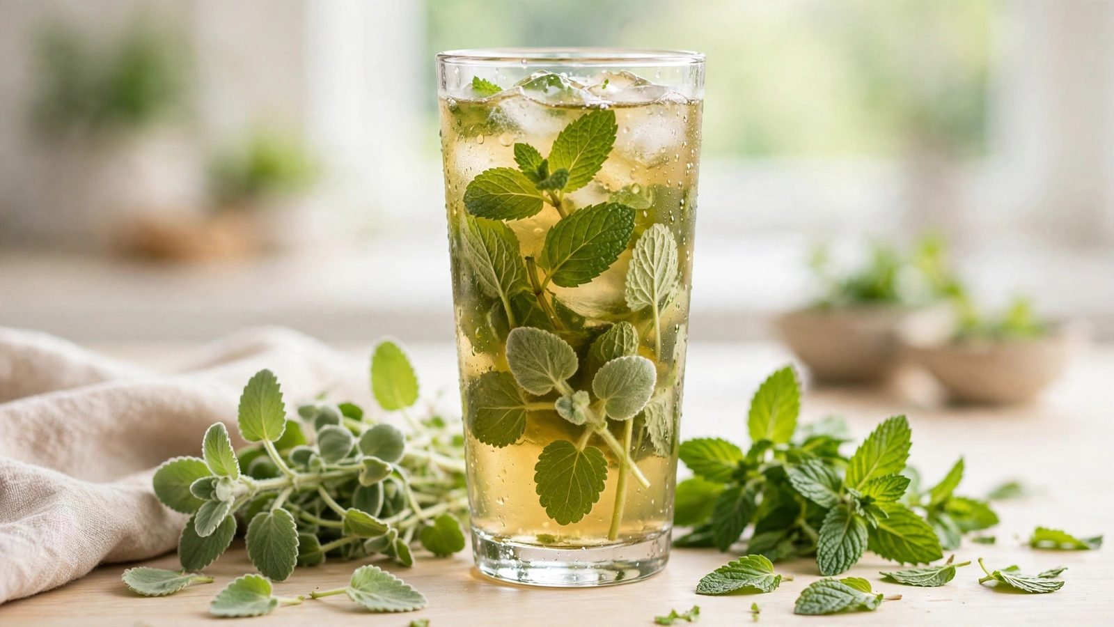 Tall glass of iced herbal tea with fresh lemon balm and peppermint leaves beside it on a bright table