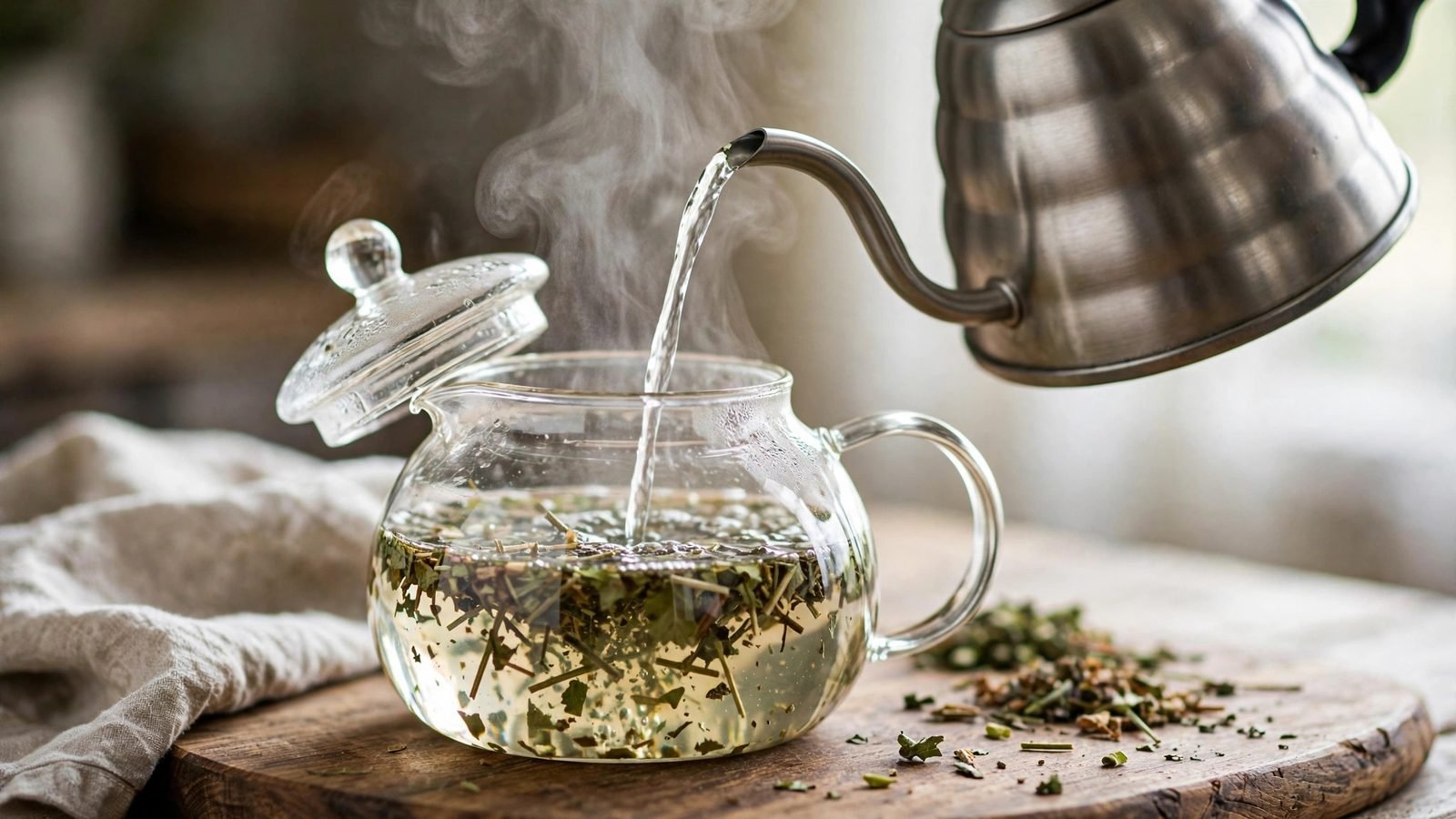 Hot water being poured from a clear glass kettle into a glass teapot of dried skullcap herb, steam rising